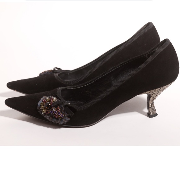 PRADA Rhinestone Suede Metal Kitten Heel Pointy Shoe Leather Jeweled Crystal Bow - Picture 12 of 14